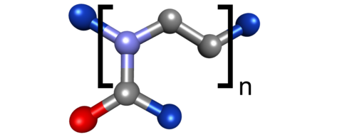 Schematische Darstellung eines Polyoxazolines. In dunkelblau die veränderbaren Reste.