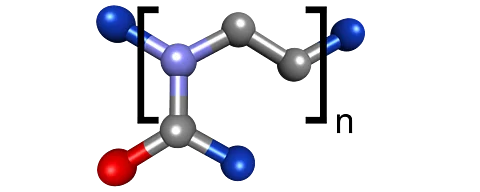 Schematische Darstellung eines Polyoxazolines. In dunkelblau die veränderbaren Reste.