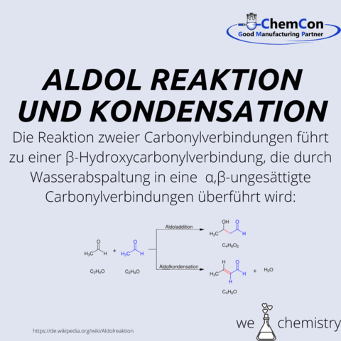Schematische Darstellung der Aldol Reaktion und der Aldol Kondensation