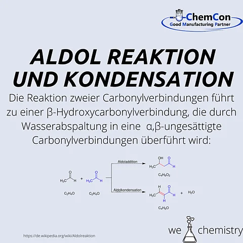 Schematische Darstellung der Aldol Reaktion und der Aldol Kondensation
